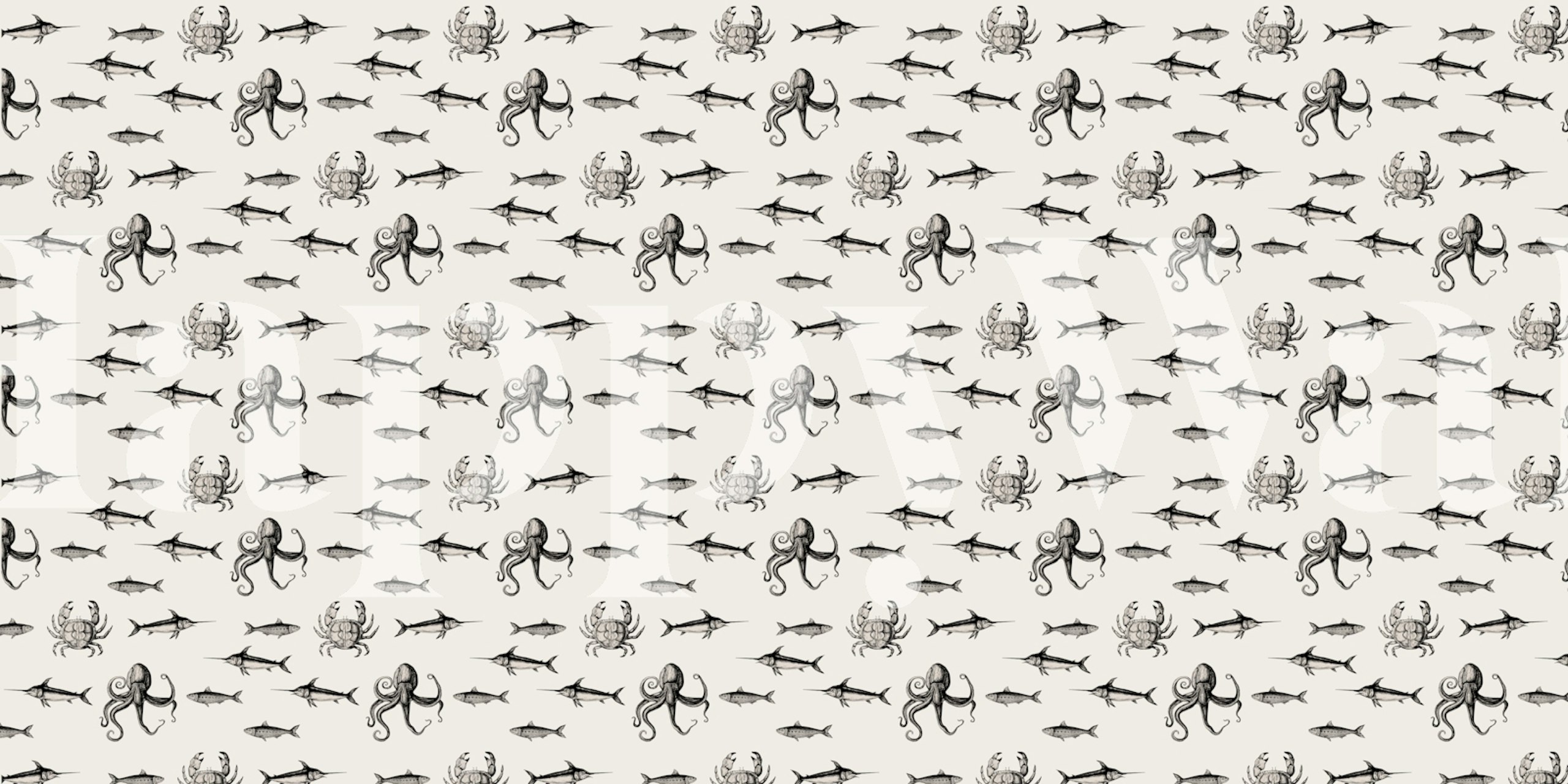 Nautical wallpaper with octopus and fish patterns in black on white background