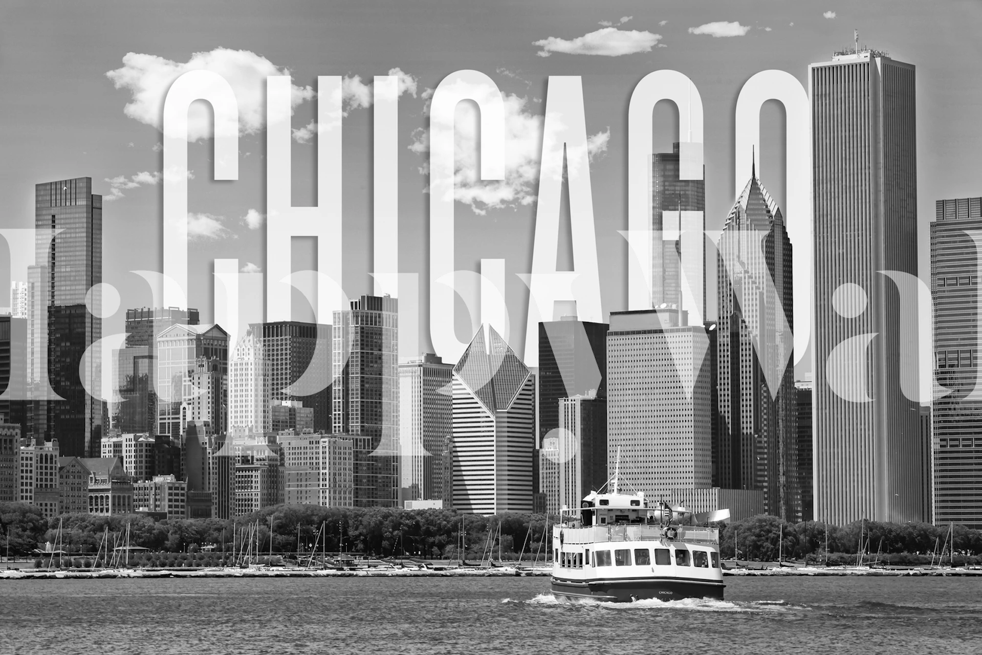 Chicago skyline wallpaper in a living room