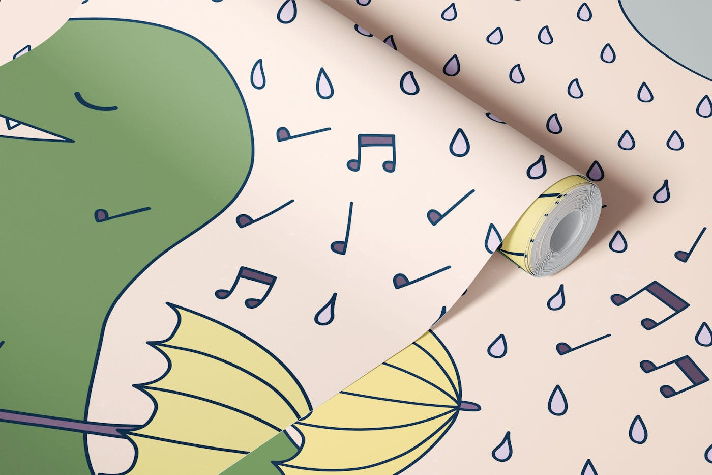 Dinosaur singing in the rain - peach and sage wallpaper roll