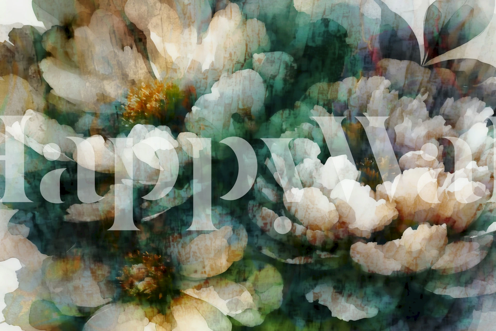 White flowers with green leaves on a watercolor background wallpaper