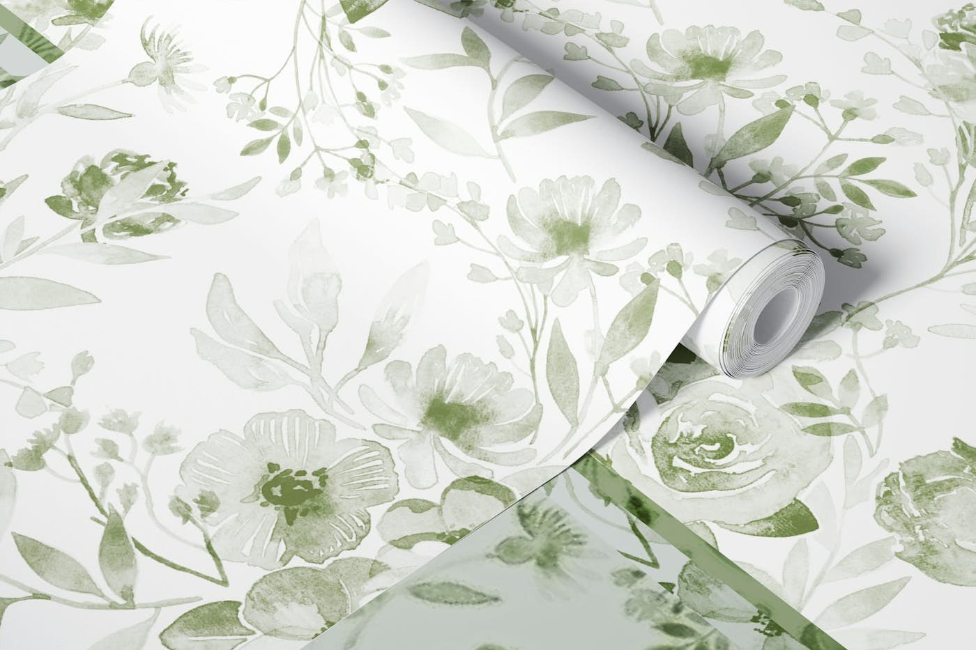 Watercolor Bouquet in Sage Green wallpaper roll