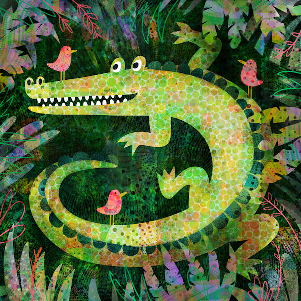 Alligator with pink birds - cute jungle mural