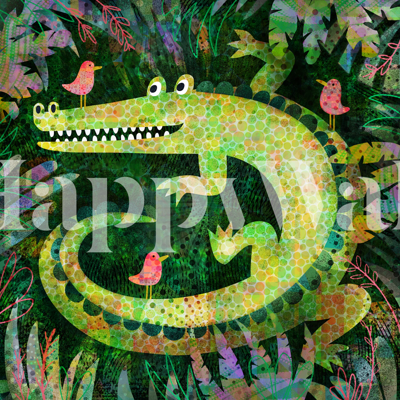 Cute alligator mural with pink birds