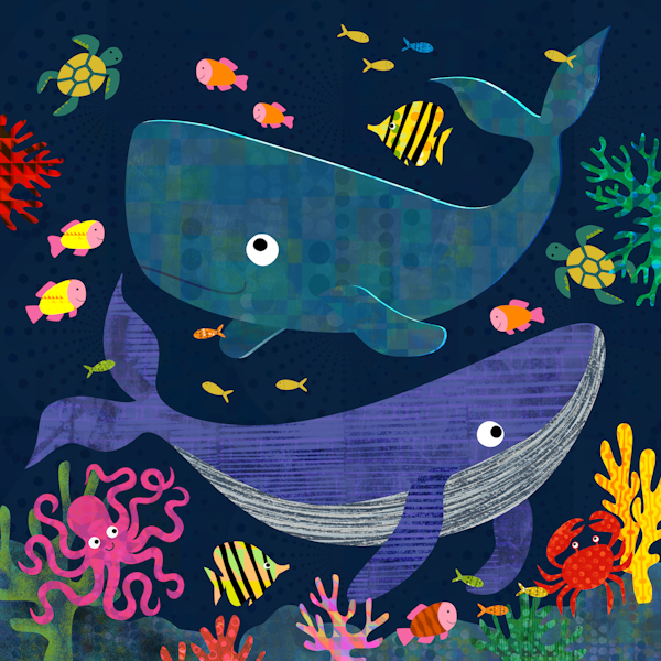 Whales Seascape Mural - dark navy