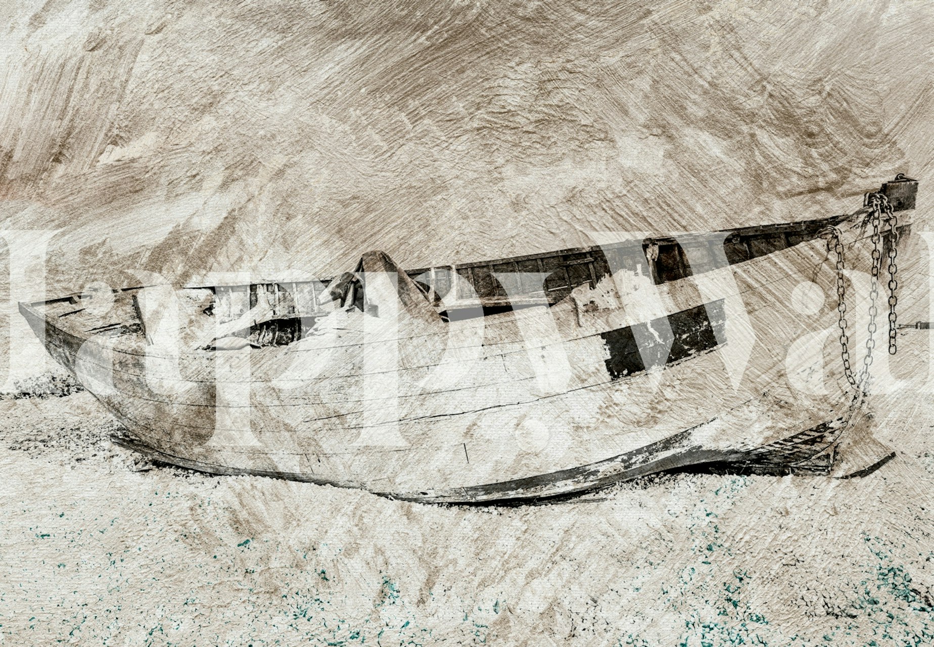 Ocean-themed wallpaper with a weathered boat