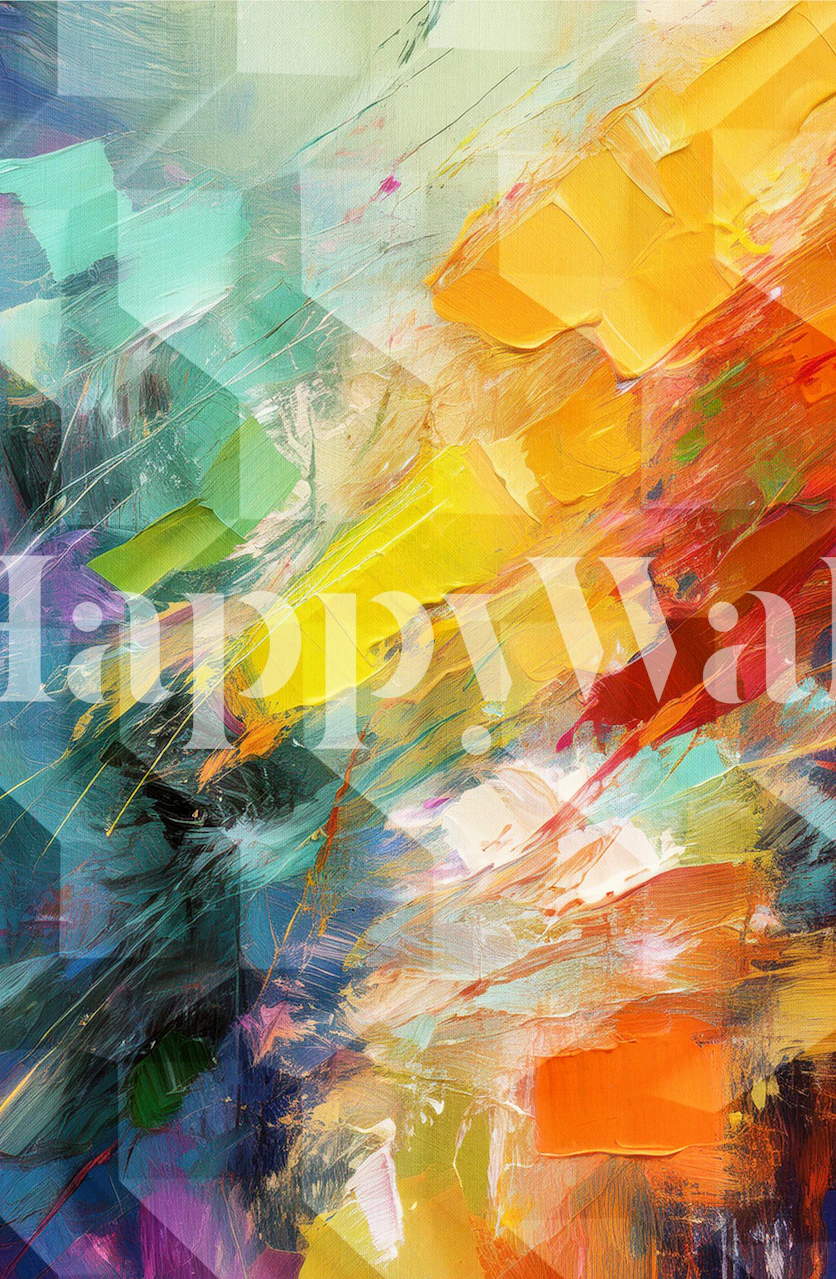 Colorful abstract geometric wallpaper with vibrant red, yellow, and blue patterns.