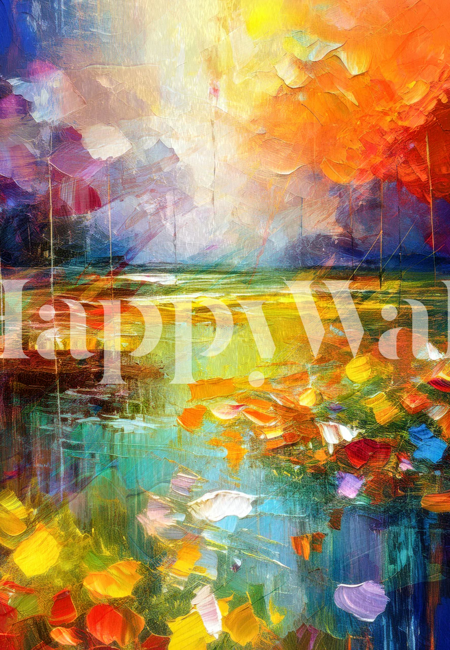 Abstract colorful floral patterns in hues of orange, yellow, and blue wallpaper