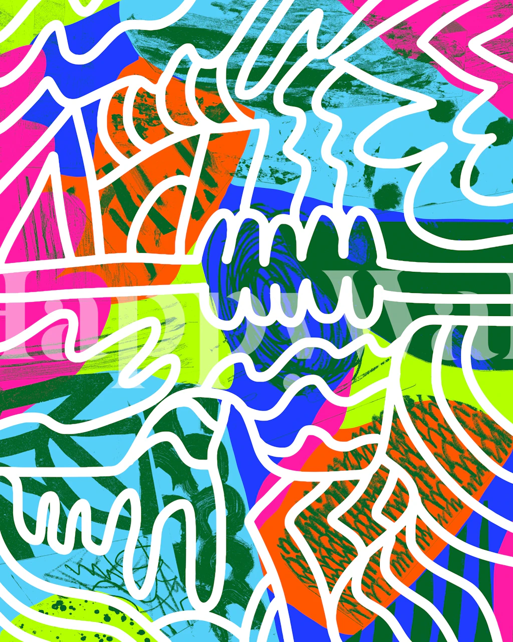 Colorful abstract wave patterns in blue, green, pink, and yellow wallpaper