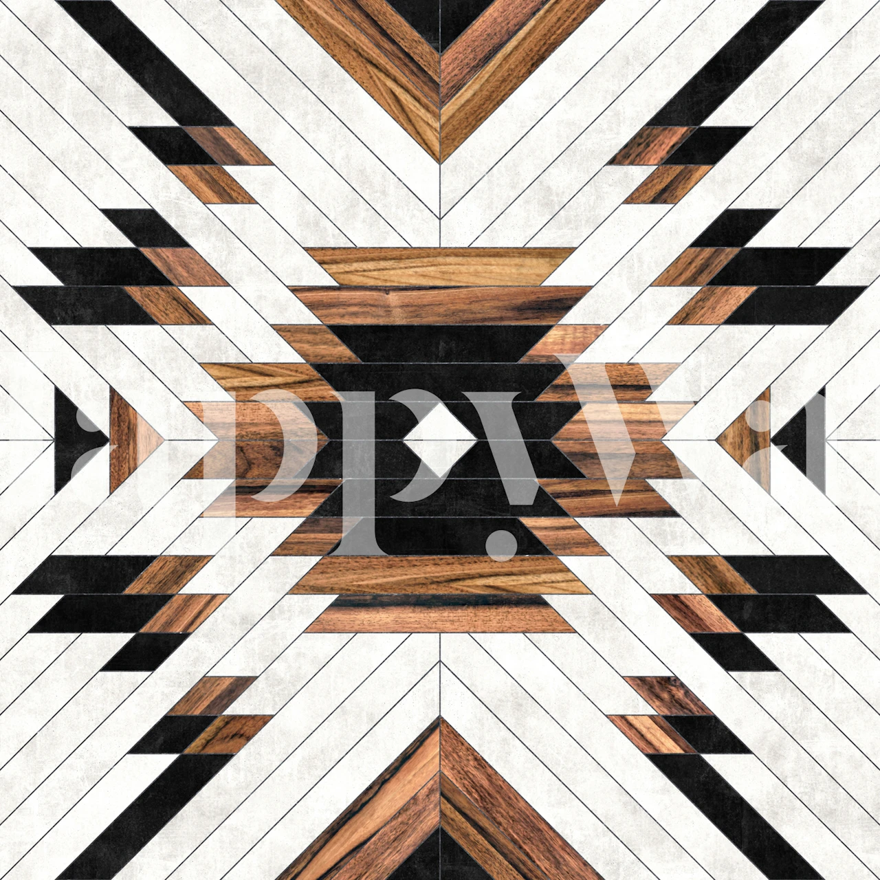 Urban tribal geometrisk mønster veggmaleri med svarte, hvite og tre teksturer