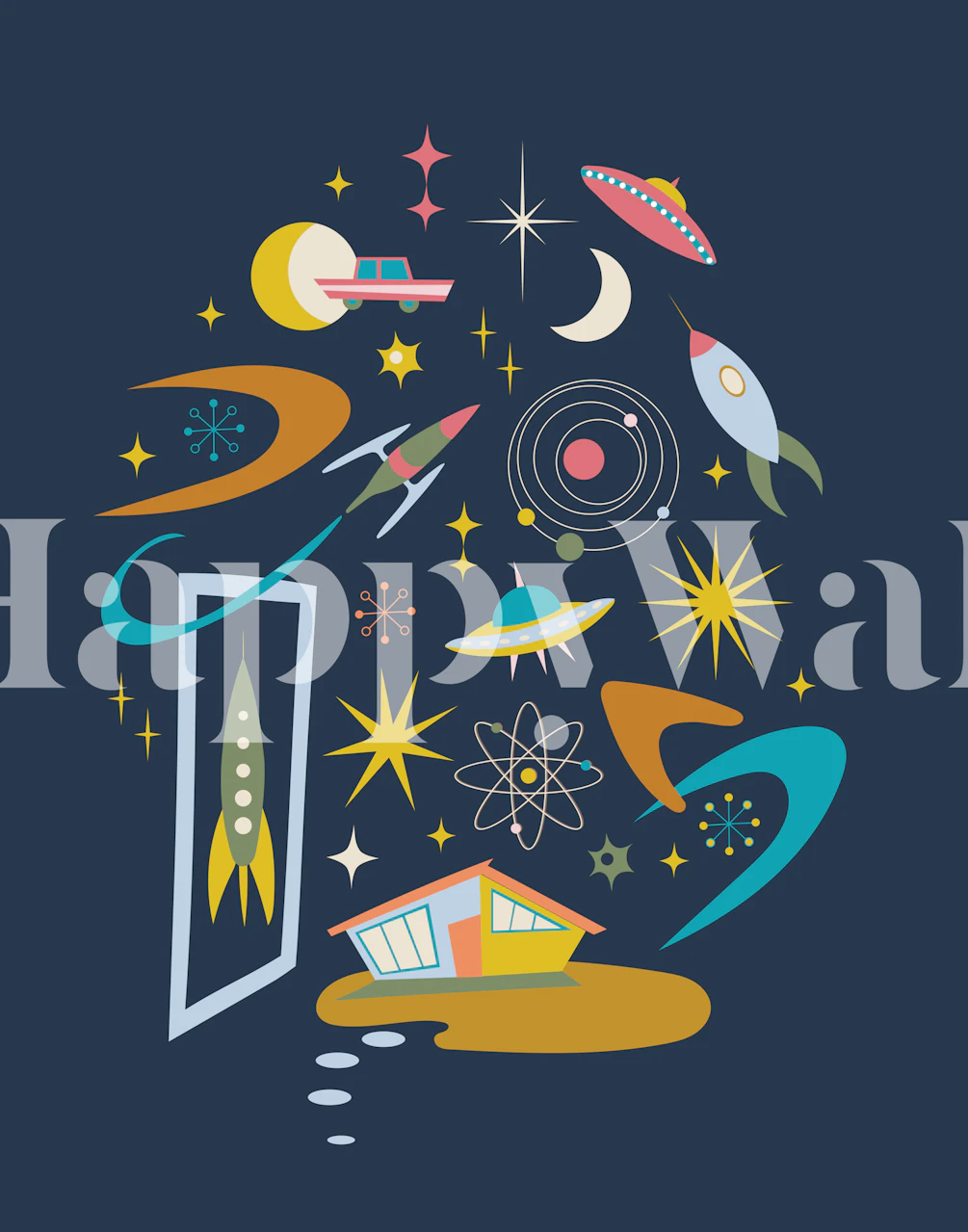 Mid-century modern rocket ships, stars, retro house, colorful wallpaper