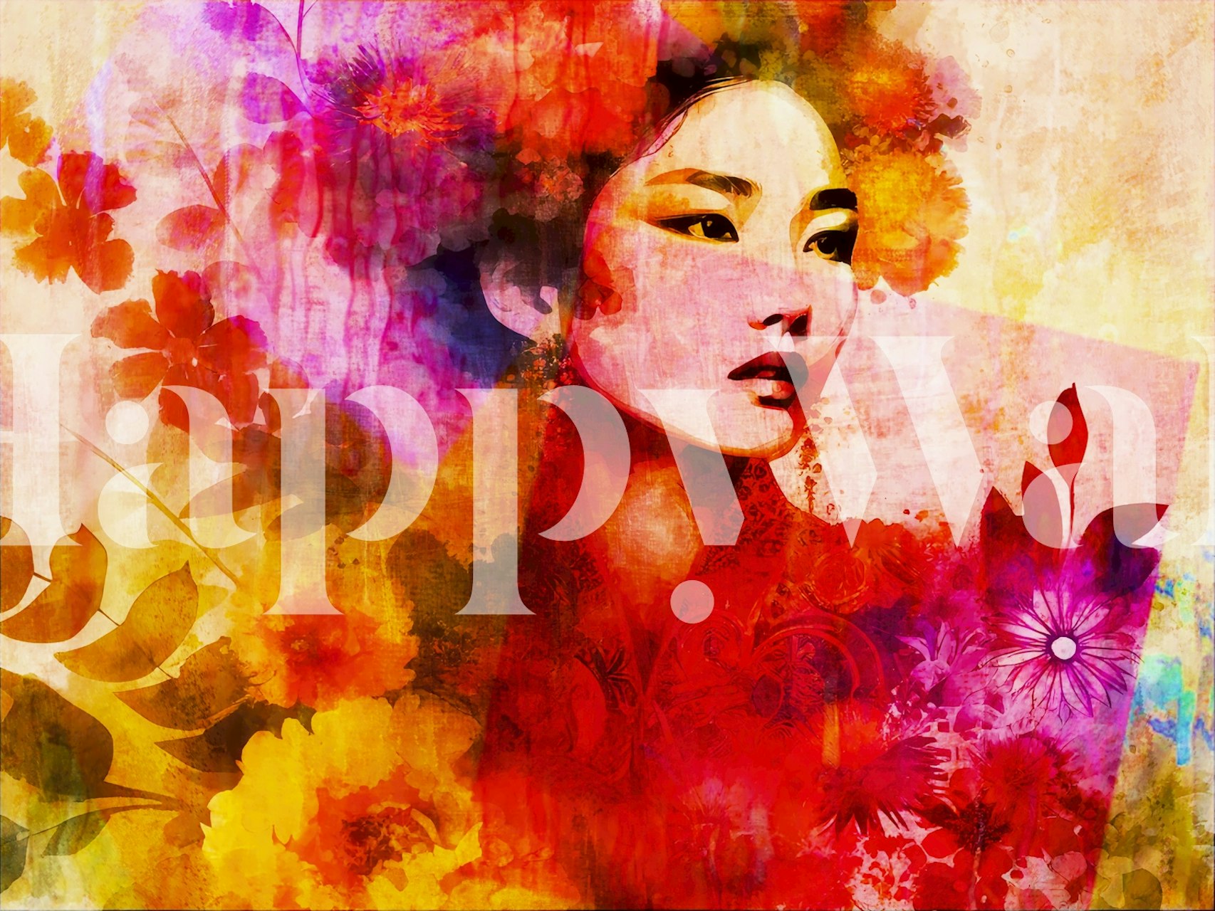 Floral Geisha Dream Portrait Tapete in einem Raum