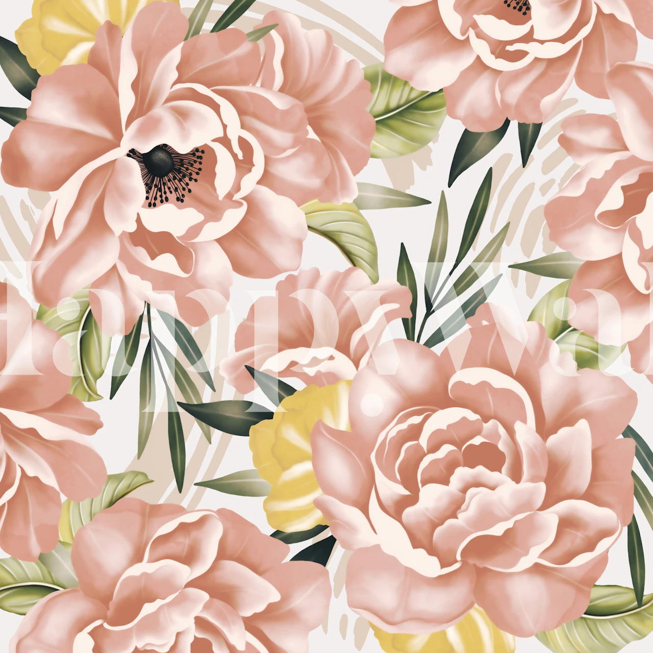 Pink peony floral design with green leaves wallpaper