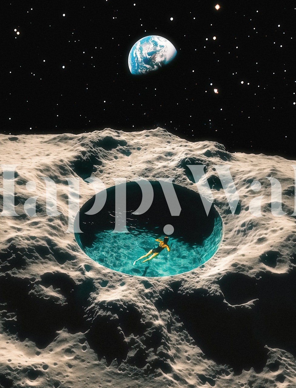 Astronaut floating in blue pool inside a moon crater against a starry sky wallpaper