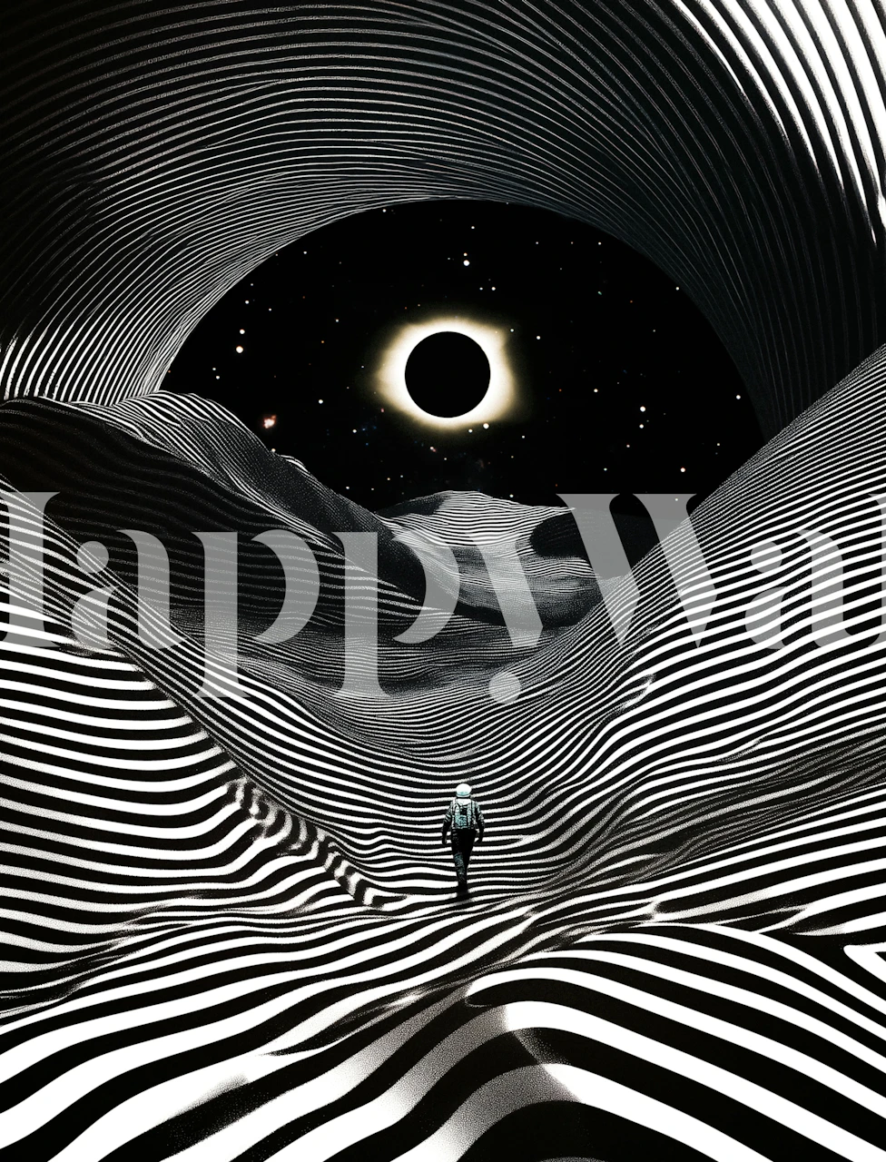 Black and white abstract landscape with stripes and a celestial body wallpaper