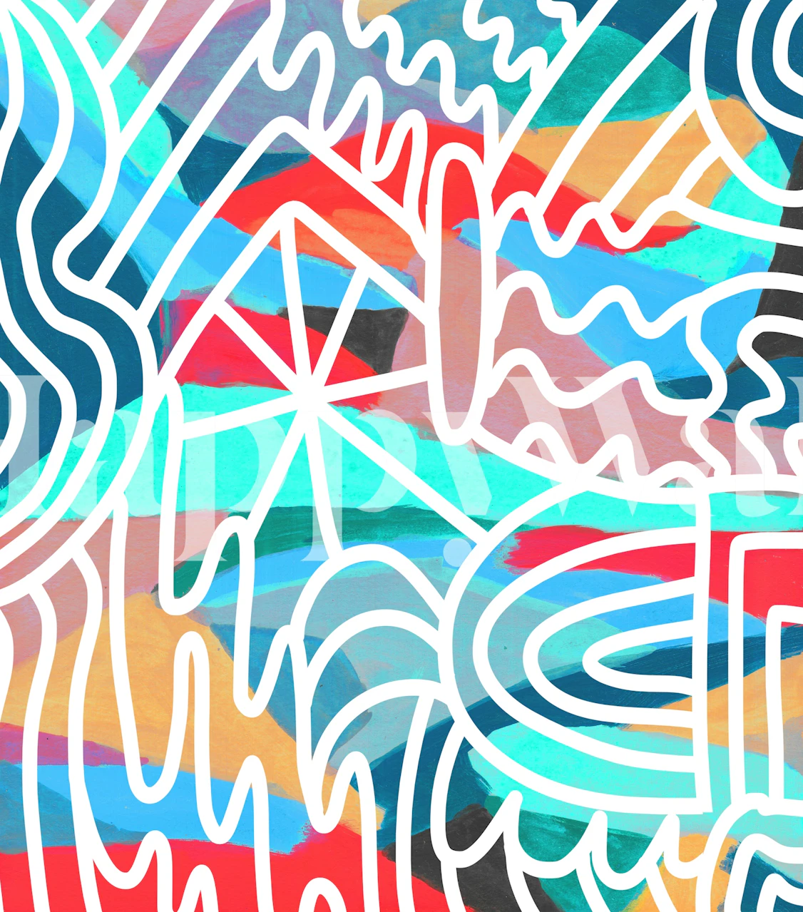 Colorful abstract patterns with bold lines in blue, red, and yellow wallpaper