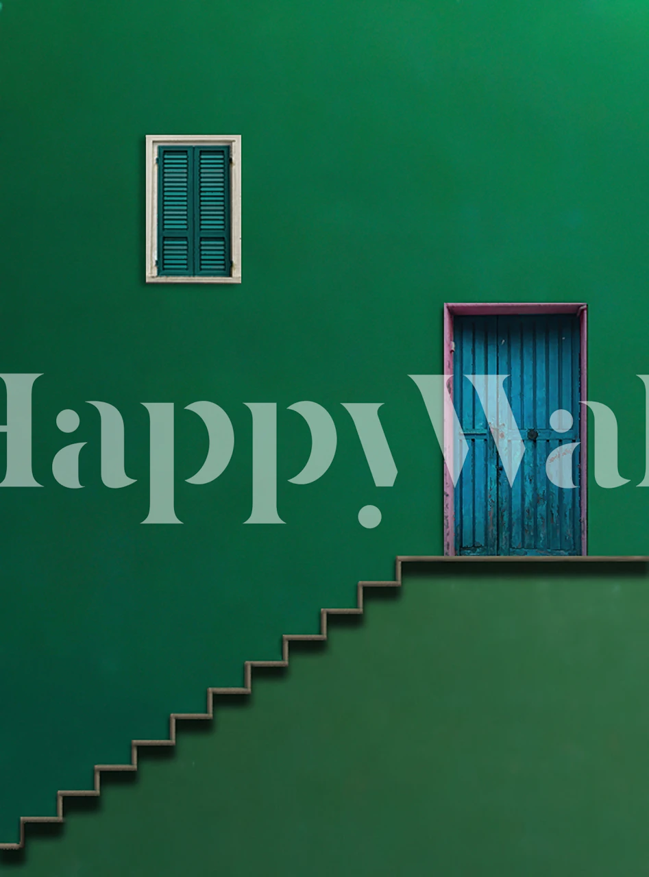 Green wall with a blue door and window wallpaper