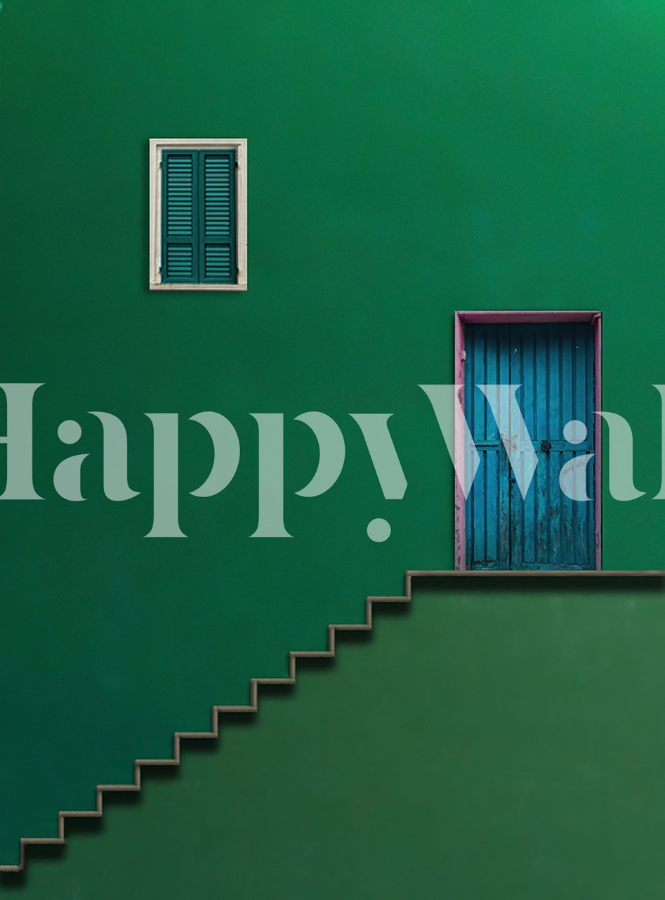 Minimalistisk blå dør på blågrønn vegg med trapp