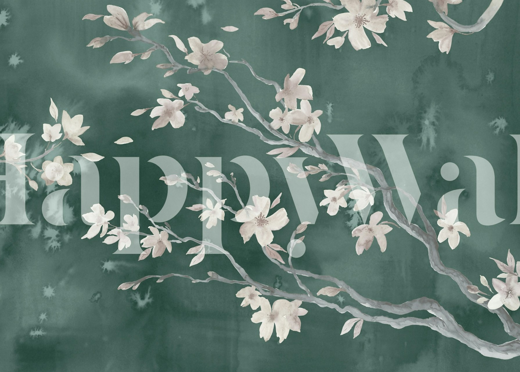 Emerald Blossom floral pattern wallpaper with soft pink flowers on dark green background, watercolor style wall mural