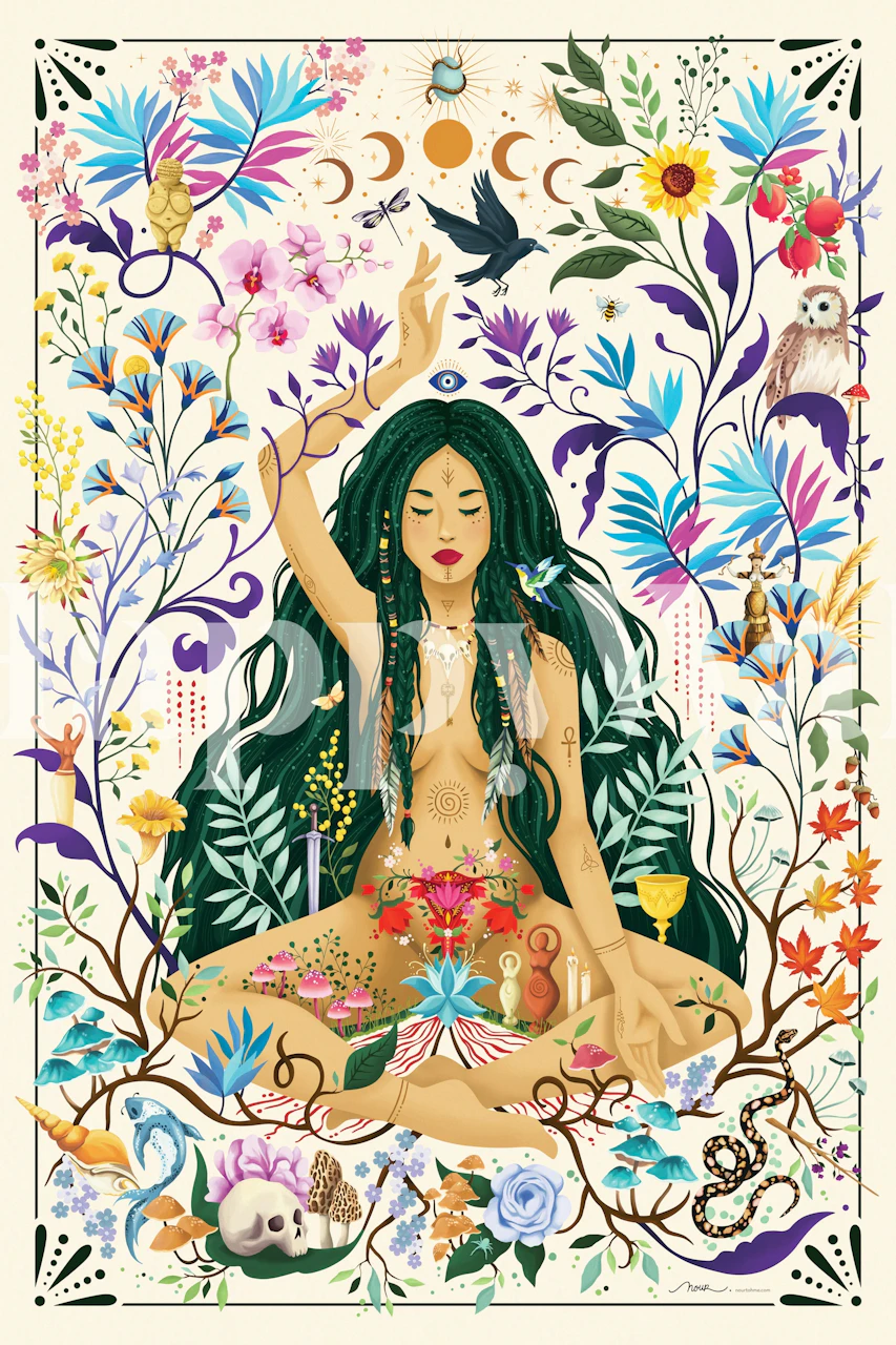 Colorful floral patterns with a serene sitting woman and nature-themed elements wallpaper
