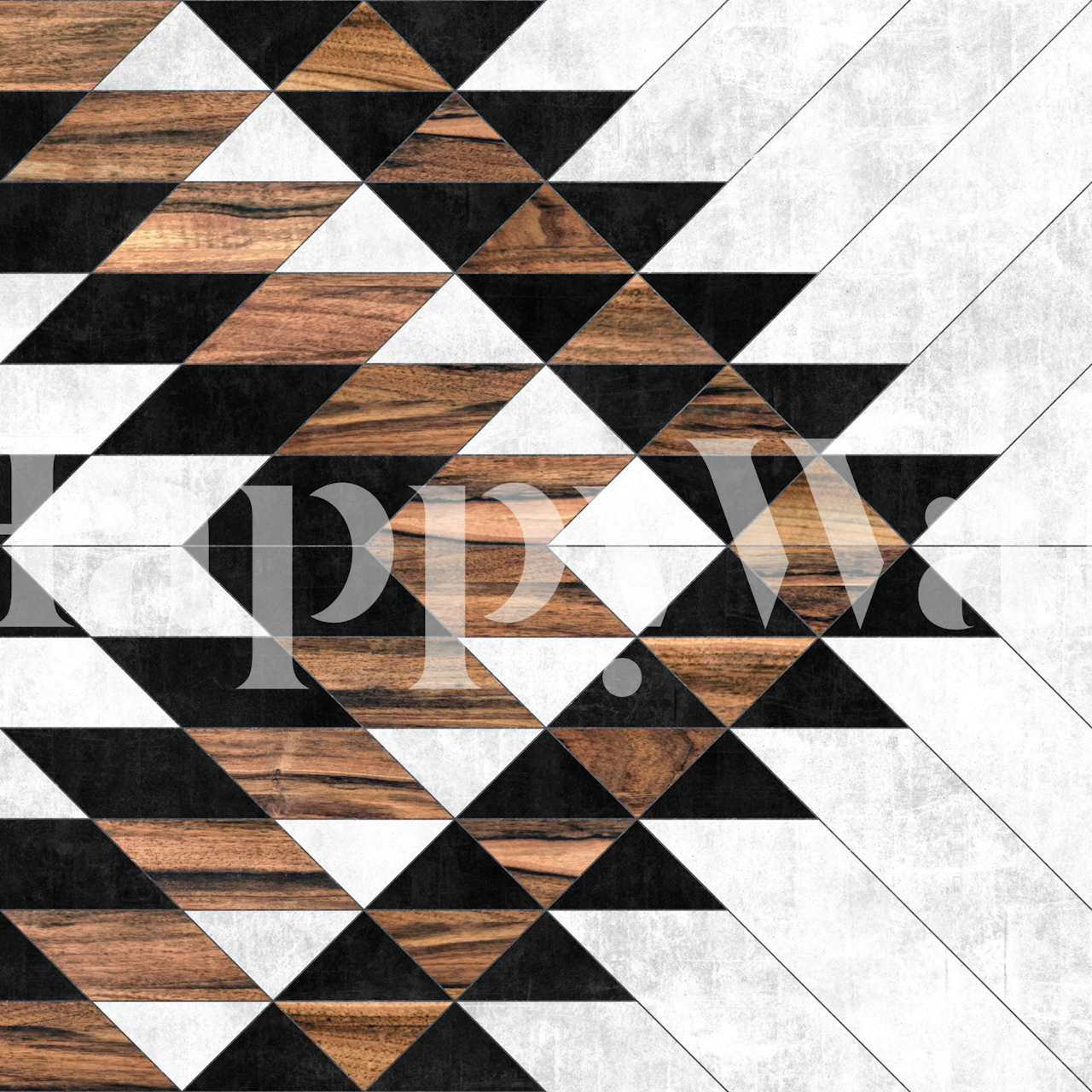 Urban Tribal Pattern No 9 wall mural with black, white, and wood texture triangles