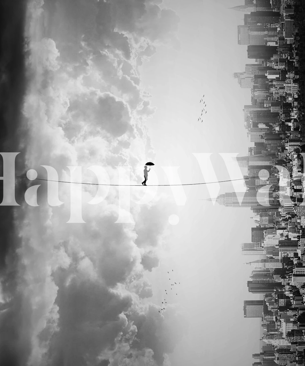 Monochrome mural featuring a silhouette on a tightrope above clouds and cityscape