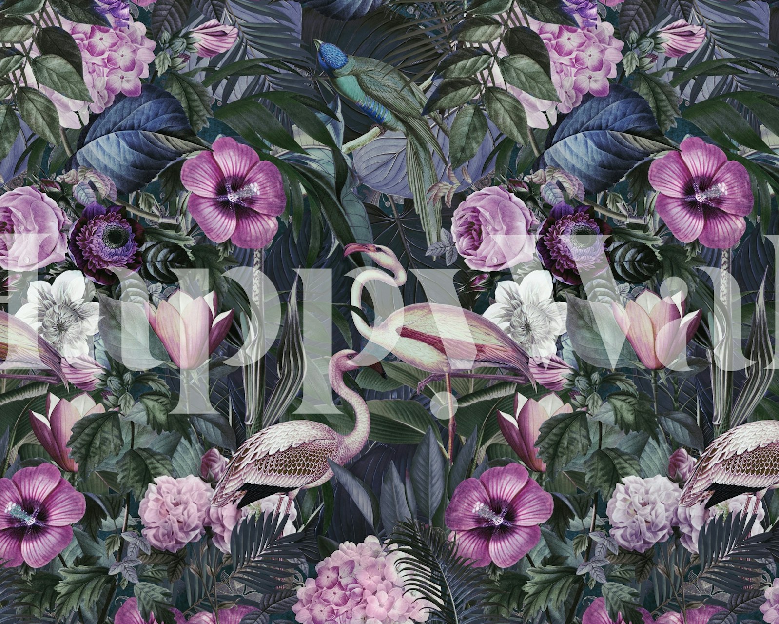 Flamingo Jungle Paradise wall mural with tropical flowers and flamingos