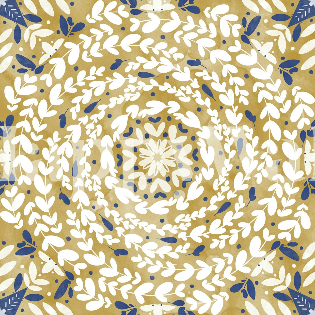Spiral floral pattern in blue and white on beige wallpaper