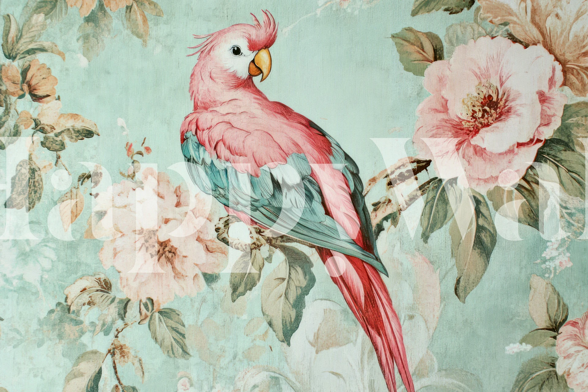 Vintage tropical parrot wallpaper in a room