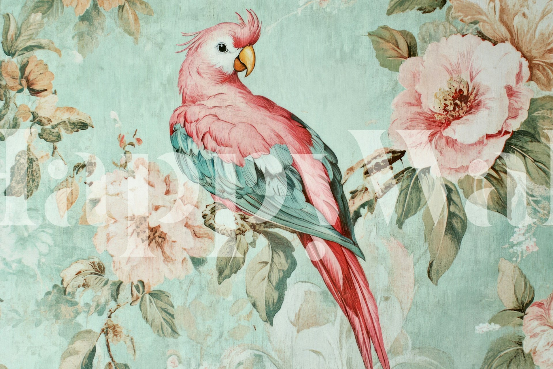 Vintage tropical parrot wallpaper in a room