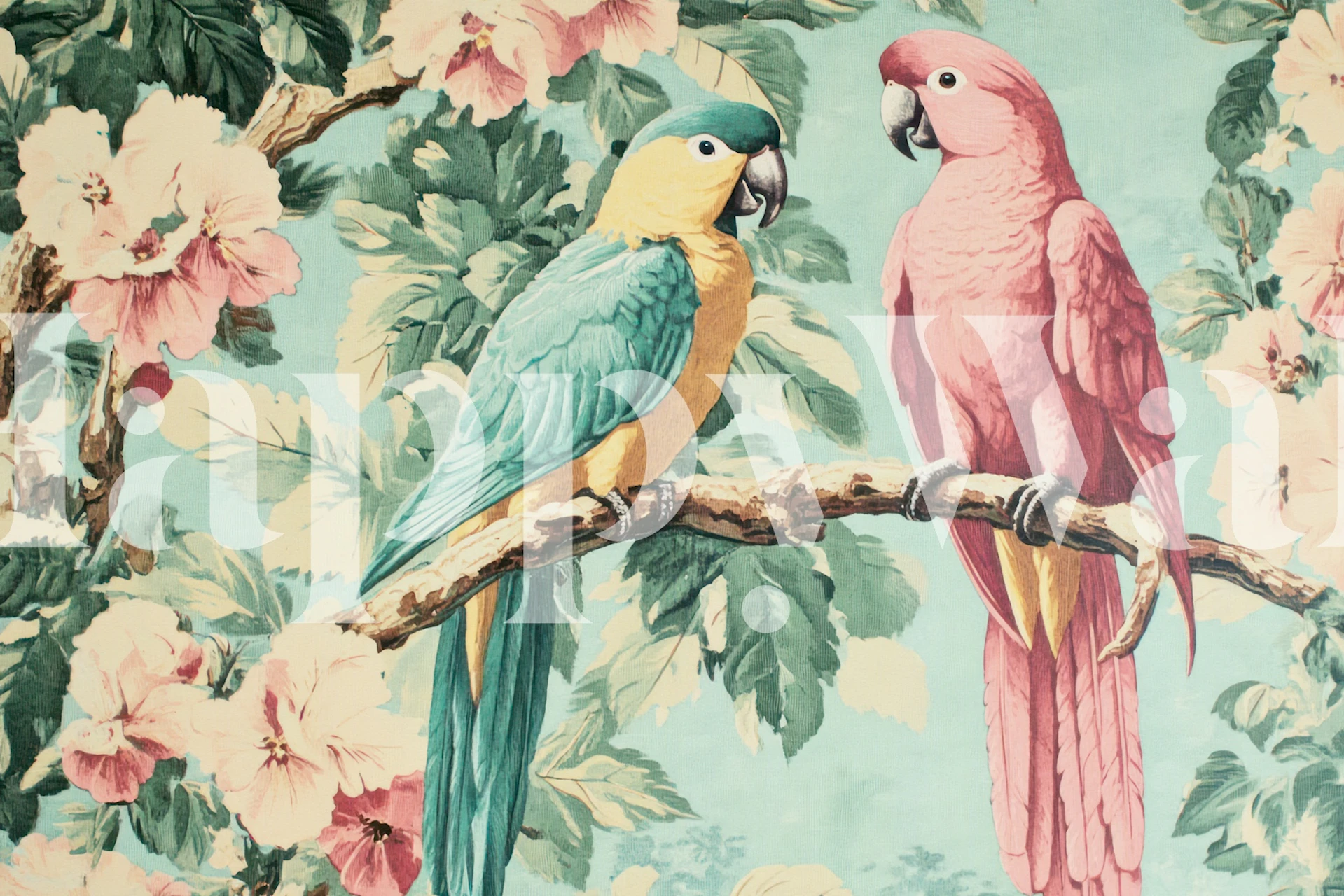 Pastel tropical parrot and floral wallpaper with pink and green colors.