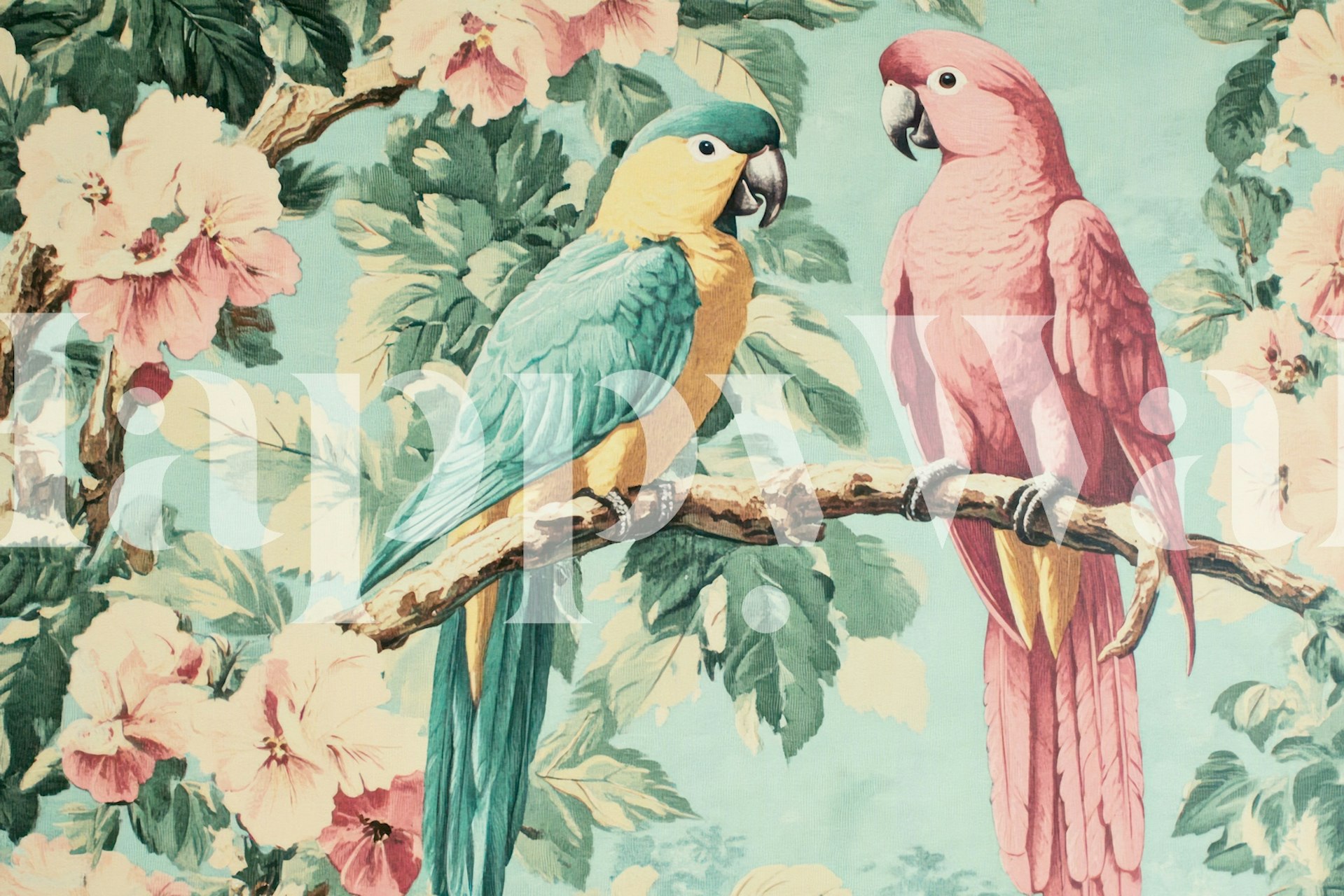 Tropical parrot design with pastel flowers and leaves wallpaper