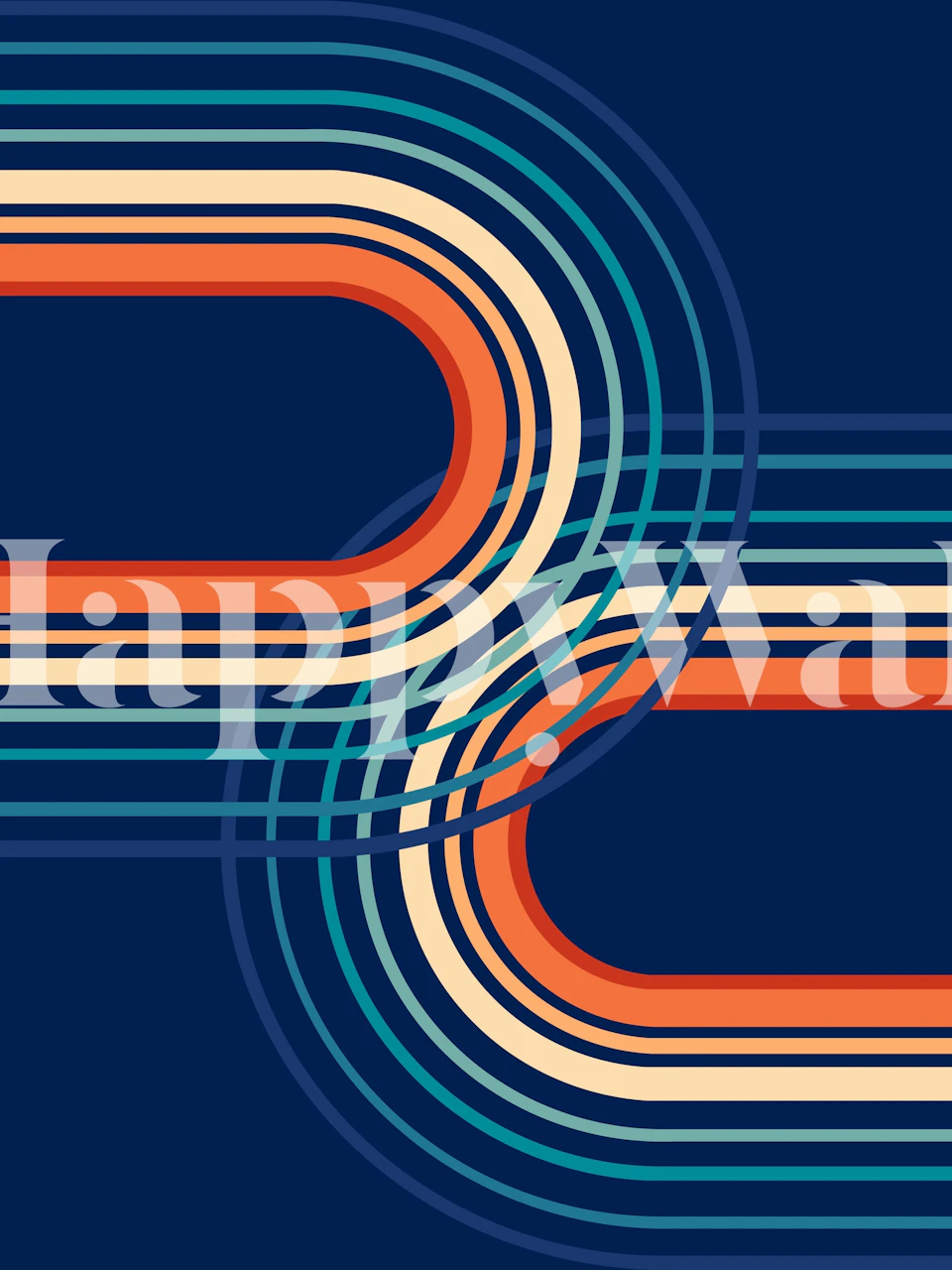 Geometric rainbow arch patterns in blue, orange, and cream wallpaper