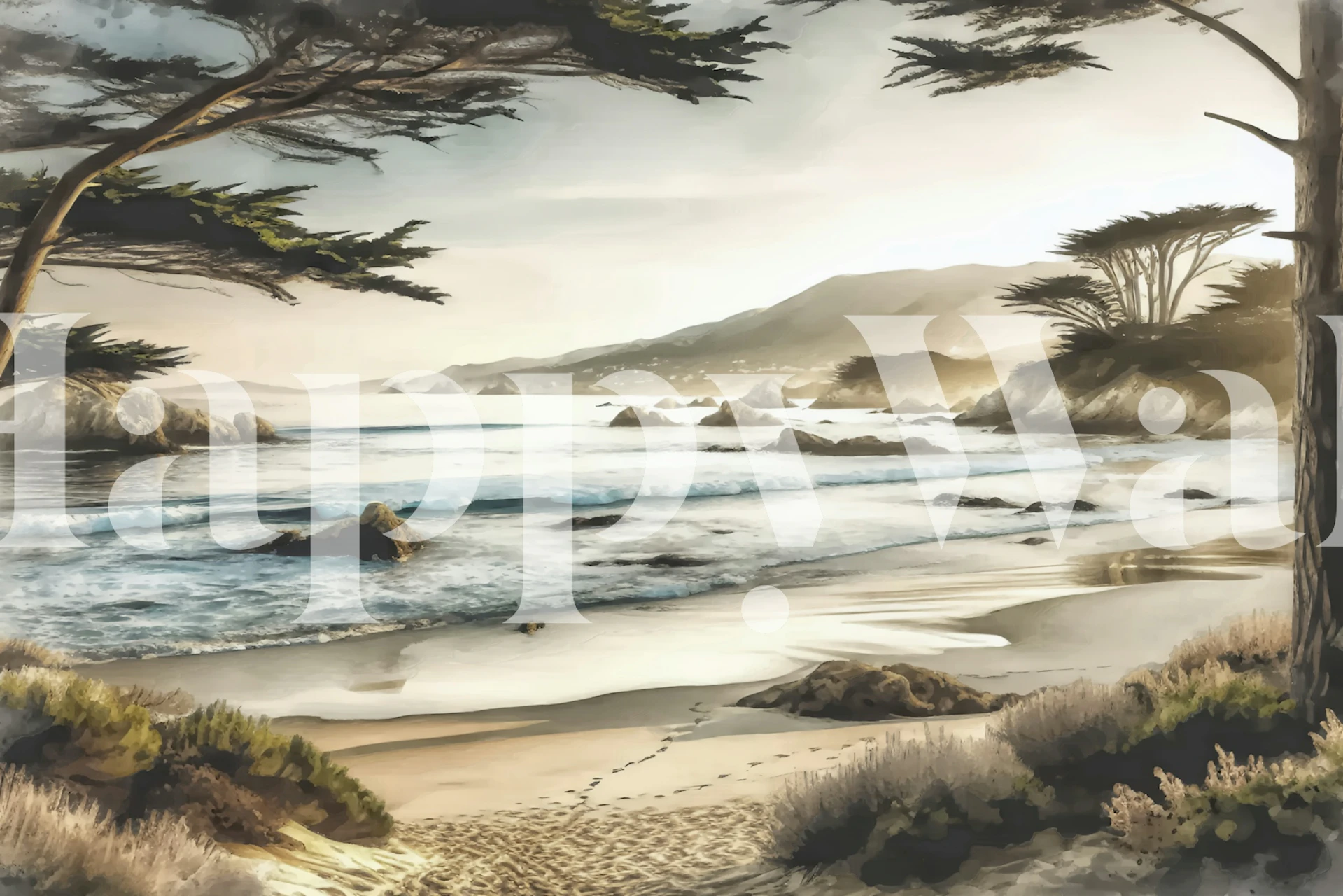 Coastal landscape with beach, waves, and trees wallpaper