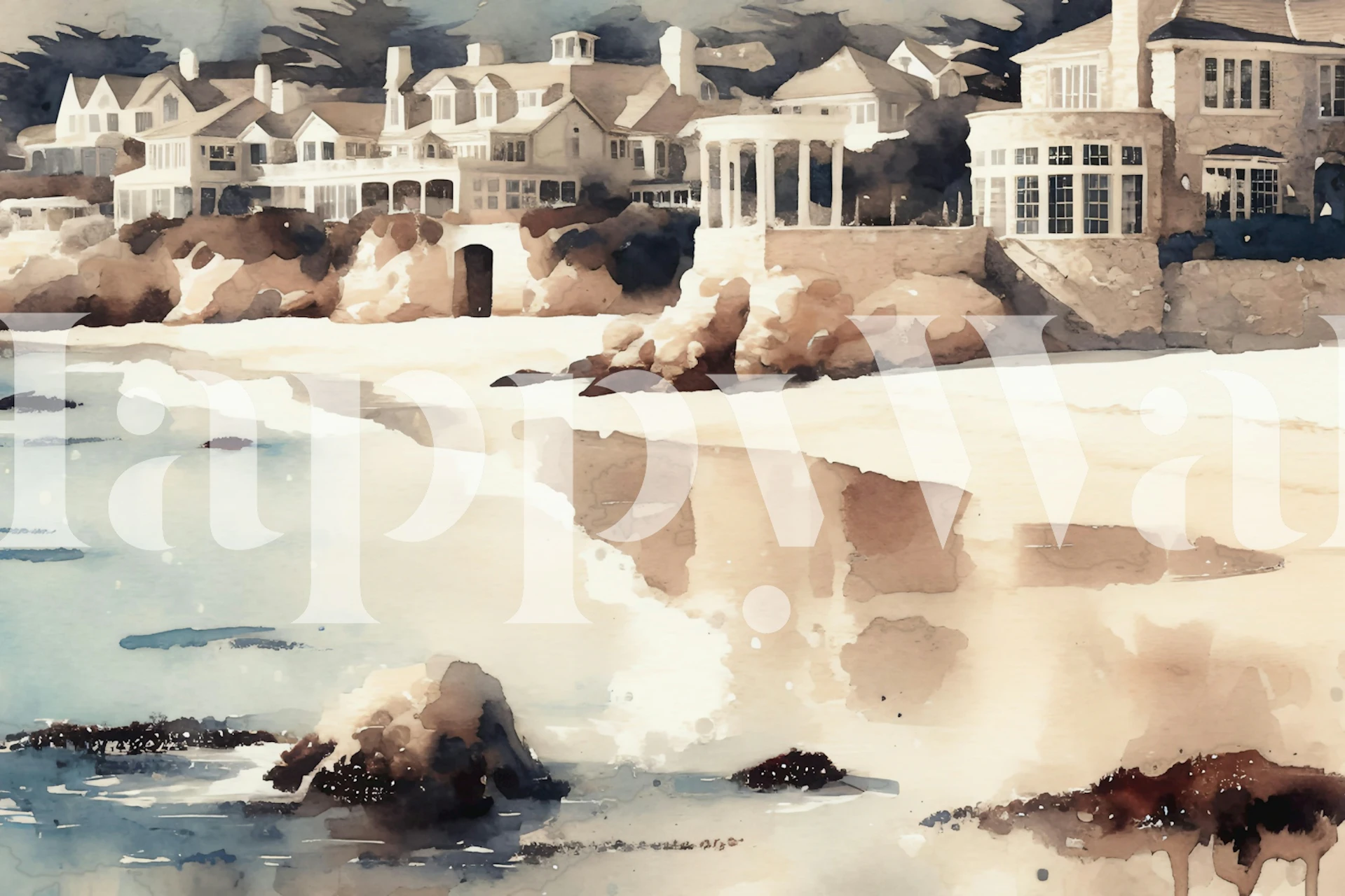 Coastal seaside view with houses and blue water watercolor wallpaper