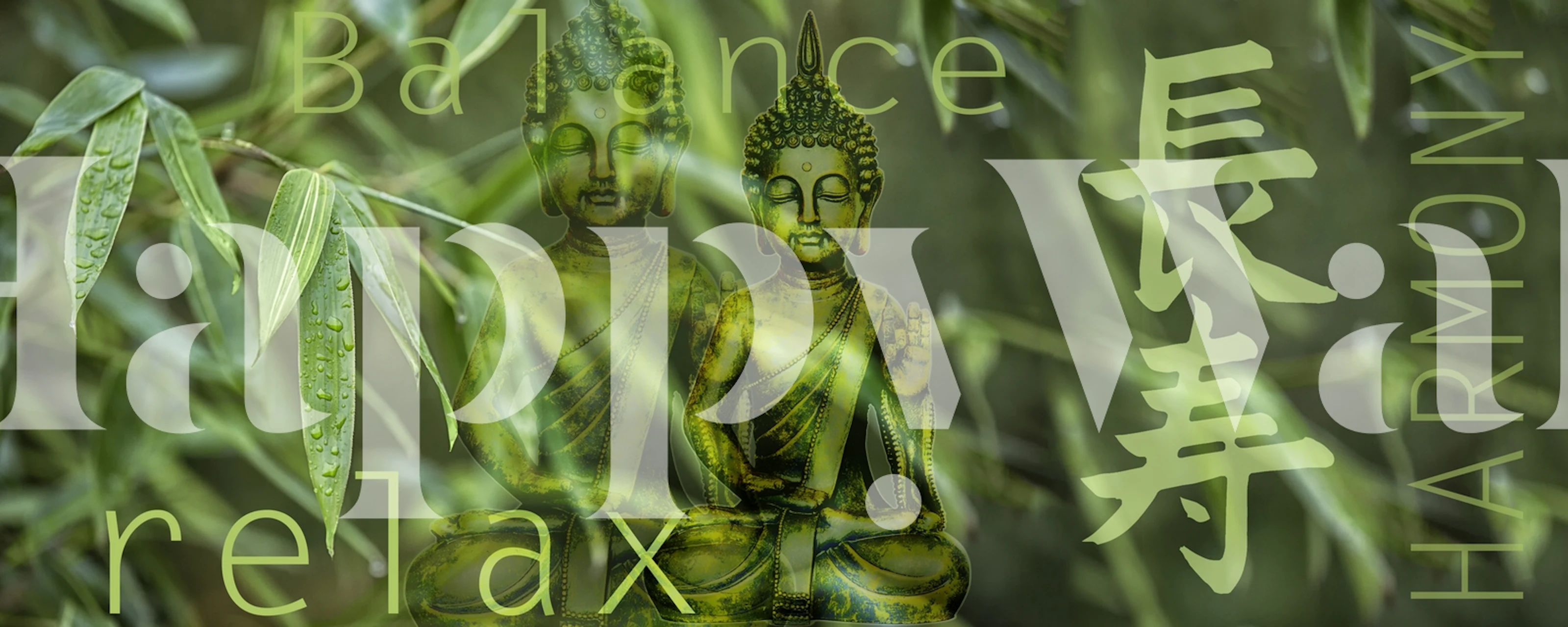 Buddha statue and bamboo leaves in green tones wallpaper