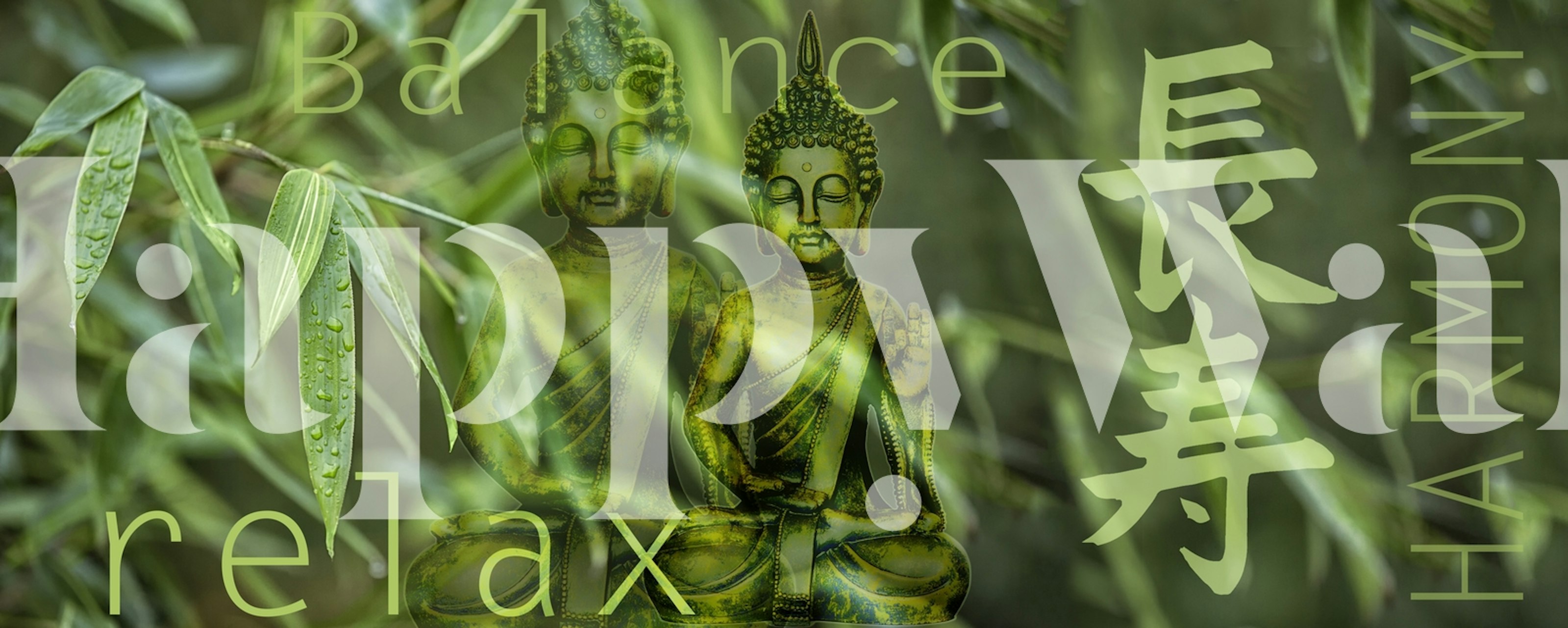 Buddha statue and bamboo leaves in green tones wallpaper