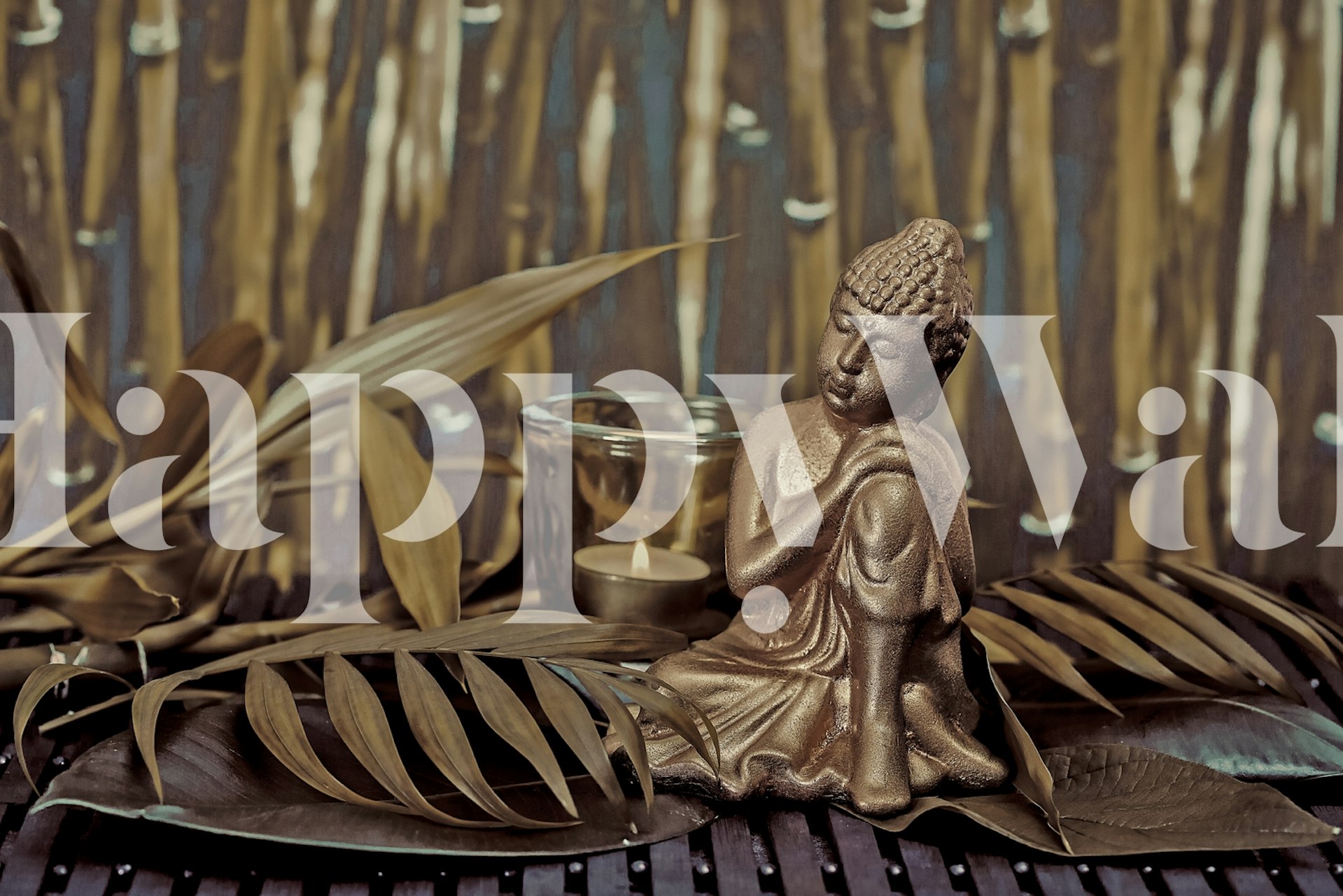 Golden Buddha sculpture with bamboo and leaves in earthy tones wallpaper