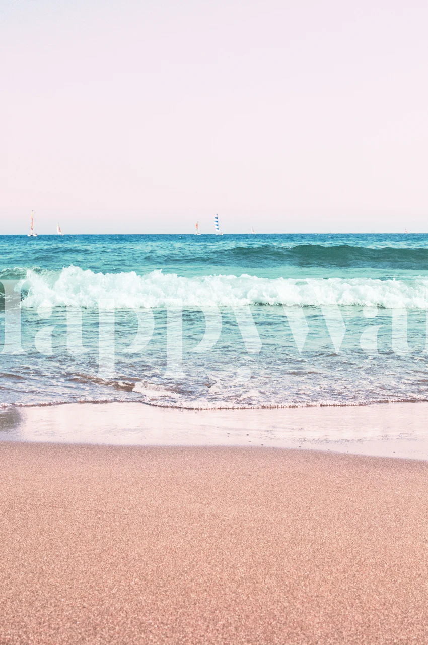 Pastelfarvede havbølger og sandstrand vægmaleri