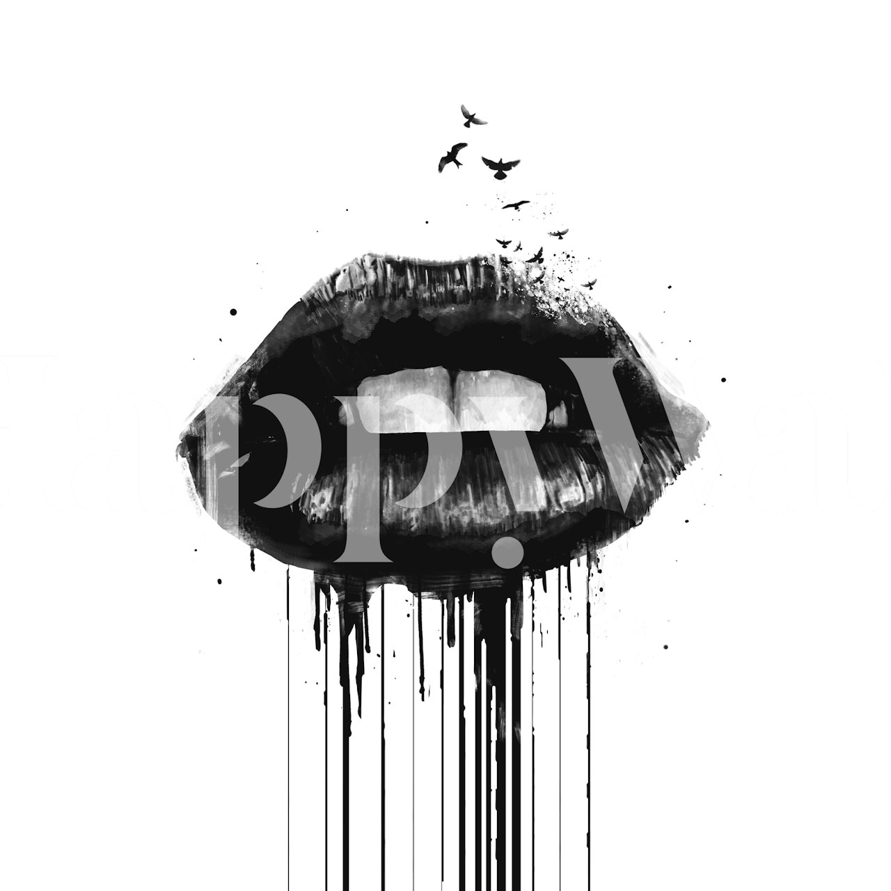 Black and white abstract lips with dripping paint and birds wallpaper