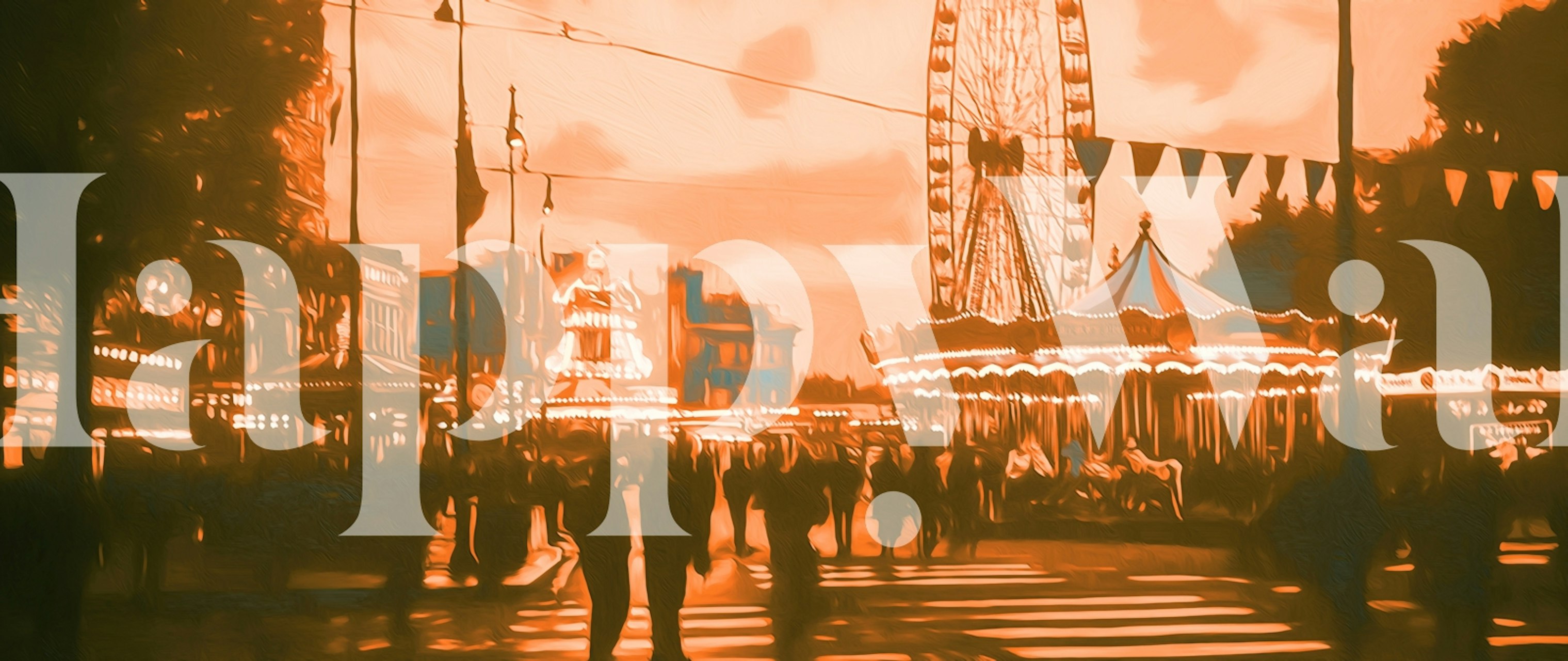 Silhouetted fairground at sunset, orange tones, artistic wallpaper