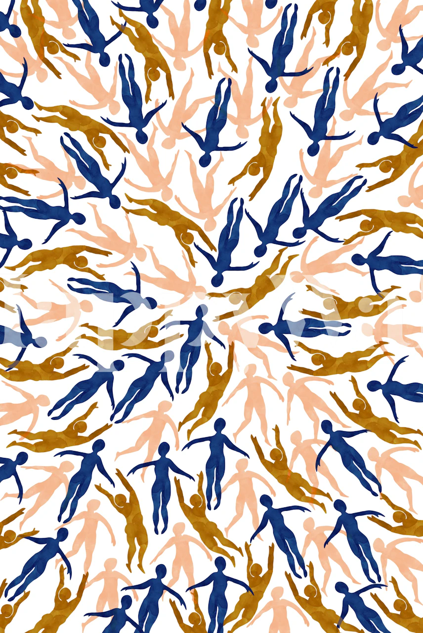 Abstract human silhouettes in blue, beige, and brown on white wallpaper