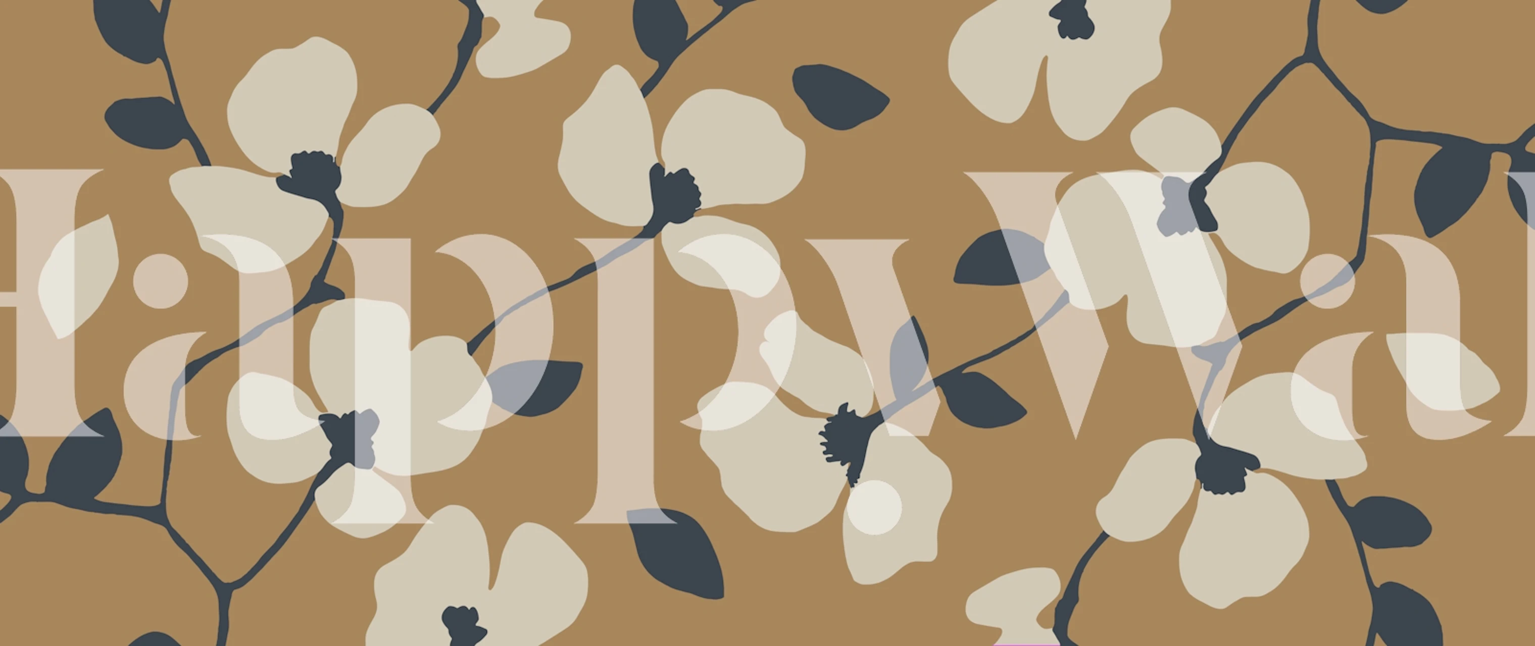 Beige floral wallpaper with white flowers and dark leaves