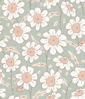 Vintage Daisy Meadow in Sage Green and Pink papiers peint
