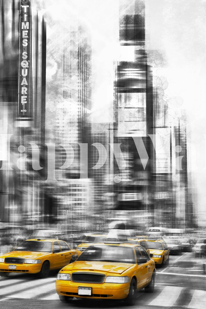 New York Times Square black and white mural with yellow taxis wallpaper