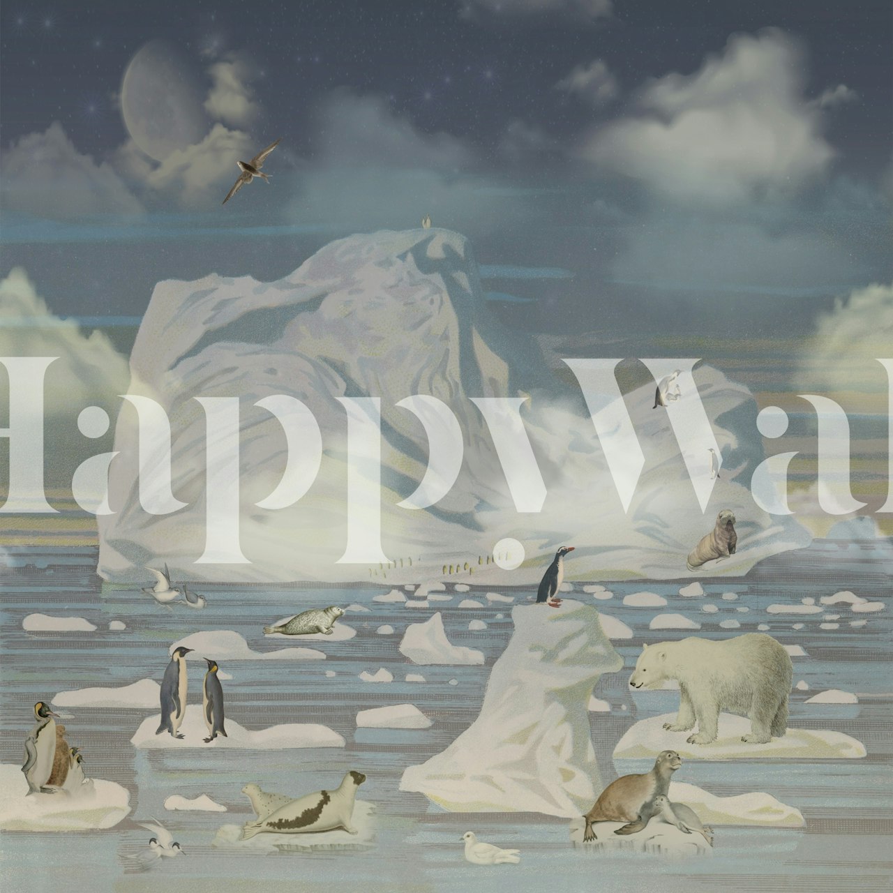 Polar bears, penguins, and seals on icebergs with a night sky wallpaper