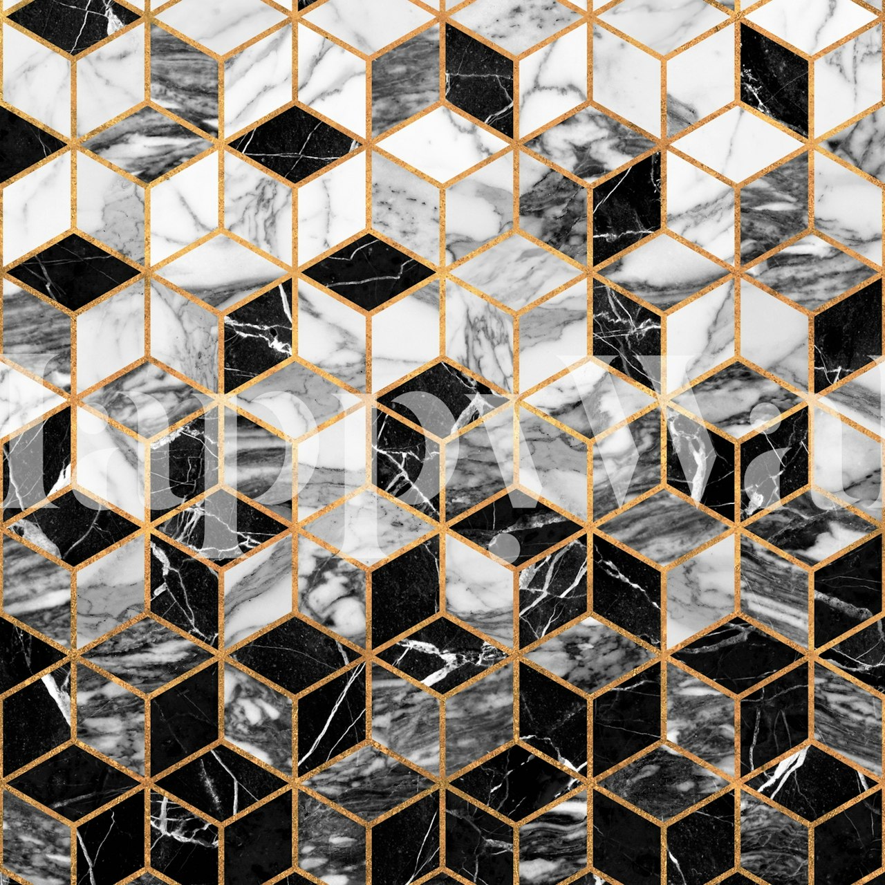 Geometric cube pattern in black and white marble wallpaper