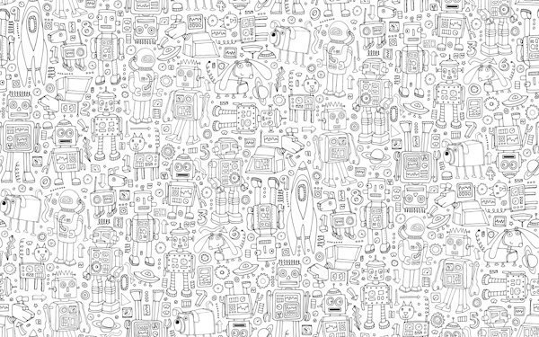 Retro robot pattern - black and white large