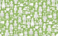 Retro robot pattern - green and white papel pintado
