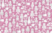 Retro robot pattern - pink and white papel pintado