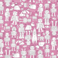 Retro robot pattern - pink and white ταπετσαρία